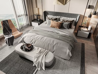 Modern Bedroom Interior With Cozy Double Bed Gray Bedsheets And Decorative Pillows 3d model