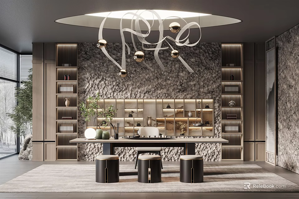 Modern Tea Room Interior With Artistic Chandelier Stone Wall And Wooden Shelves 3d model 