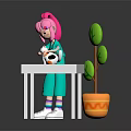 Pink Haired Girl Examining White Cat On White Table With Green Plant