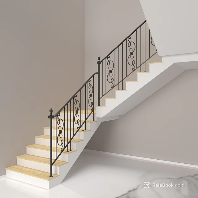 Ornate Iron Art Staircase Railing With Wooden Steps In Modern Interior 3d model 