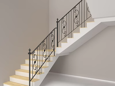 Ornate Iron Art Staircase Railing With Wooden Steps In Modern Interior 3d model
