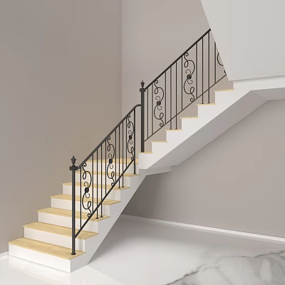 Ornate Iron Art Staircase Railing With Wooden Steps In Modern Interior 3d model