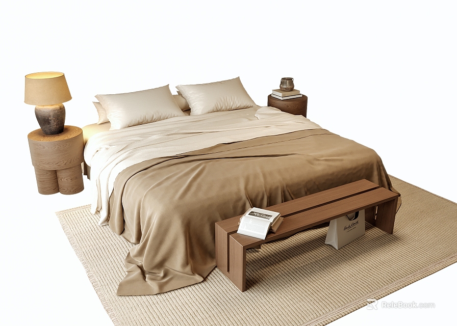 Double Bed with Beige Quilt Pillows and Wooden Nightstands Table Lamp Bench on Light Rug 3d model 