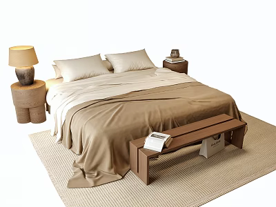Double Bed with Beige Quilt Pillows and Wooden Nightstands Table Lamp Bench on Light Rug 3d model