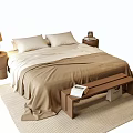 Double Bed with Beige Quilt Pillows and Wooden Nightstands Table Lamp Bench on Light Rug
