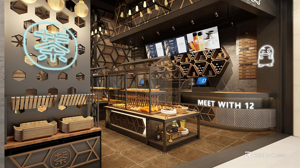 Modern Bubble Tea Shop Interior With Hexagonal Decor Display Shelves And Menu Boards 3d model 