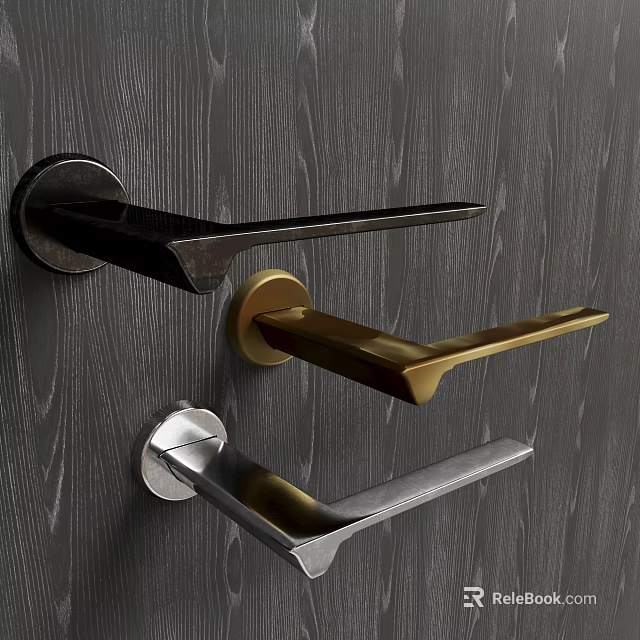 Modern Door Handles in Black Gold and Silver Finishes on Dark Wood Grain Door 3d model 