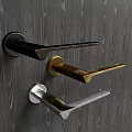 Modern Door Handles in Black Gold and Silver Finishes on Dark Wood Grain Door