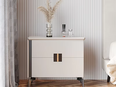 White Bedside Table with Gold Handles and Dried Grass Decor on Striped Wall Wooden Floor 3d model