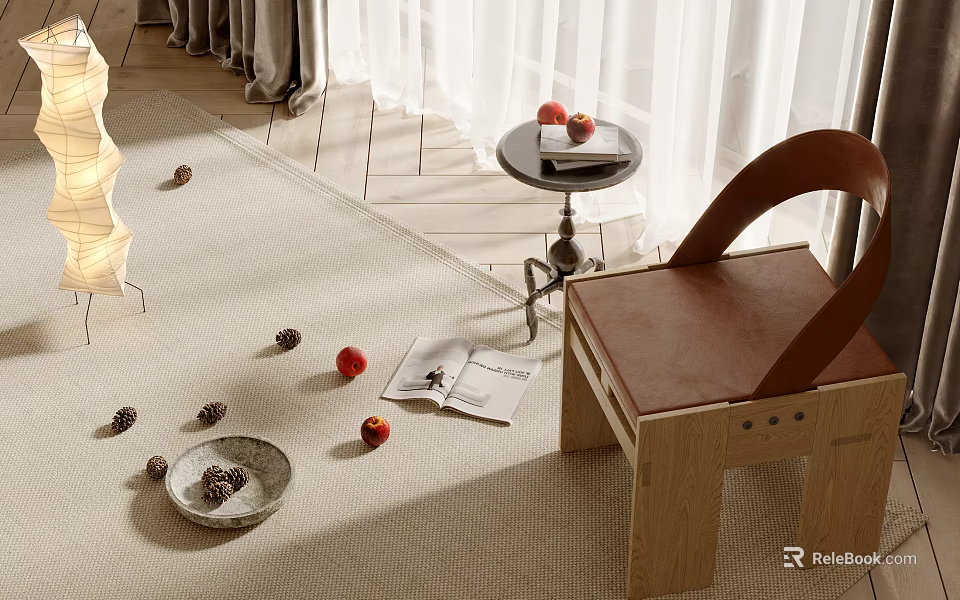 Leisure Chair Wooden Frame Brown Seat On Beige Carpet With Side Table Apples Book And Pine Cones 3d model 