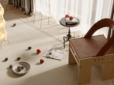 Leisure Chair Wooden Frame Brown Seat On Beige Carpet With Side Table Apples Book And Pine Cones 3d model