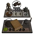 Traditional Tea Set With Teapot Cups Tray And Fresh Green Tea Leaves