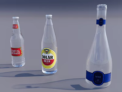 Beverage Glass Bottles With Fruit Press Mineral Water And Beer Featuring Colorful Labels 3d model