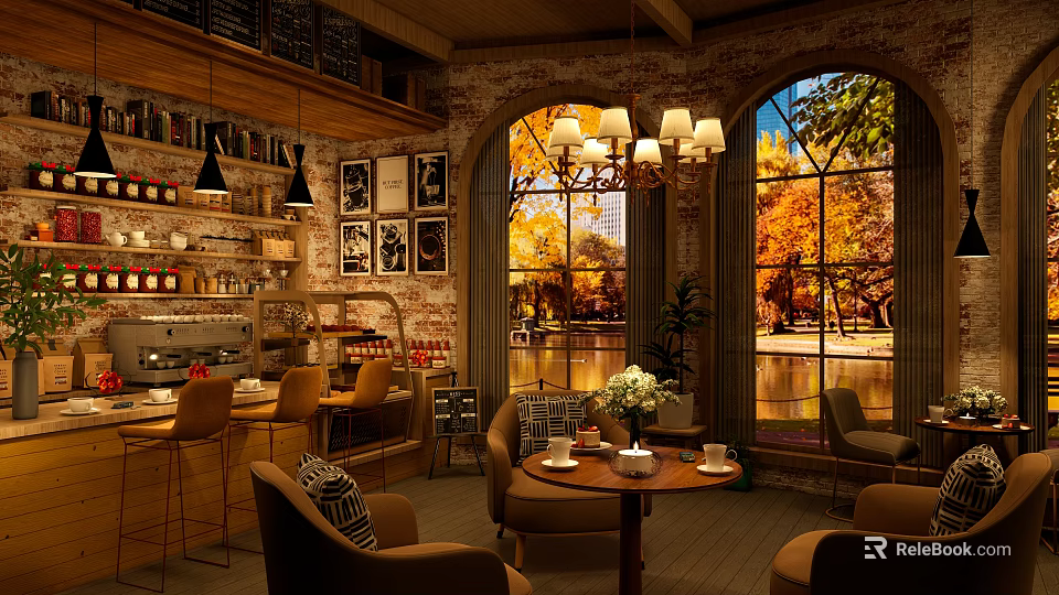 Cozy Café Interior with Arched Windows Autumn Scenery Wooden Tables Chairs and Chandeliers 3d model 