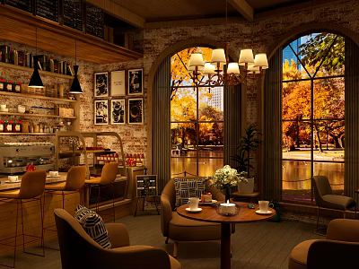 Cozy Café Interior with Arched Windows Autumn Scenery Wooden Tables Chairs and Chandeliers 3d model