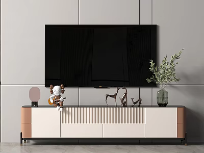 Modern TV Stand With Large Screen TV Decorative Items And Green Plant 3d model