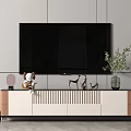 Modern TV Stand With Large Screen TV Decorative Items And Green Plant