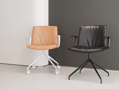 Two Modern Office Chairs in Orange and Black Leather with Rolling Casters 3d model