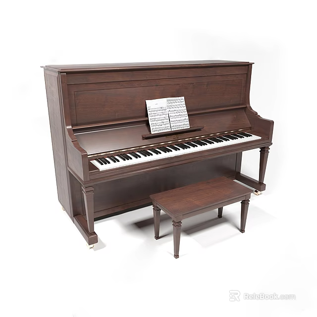 Upright Wooden Piano With Music Sheets And Matching Bench In Interior 3d model 