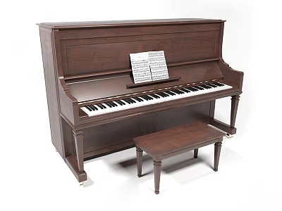 Upright Wooden Piano With Music Sheets And Matching Bench In Interior 3d model