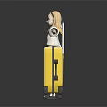 3D Cat Ear Character In Yellow White Hoodie Standing With Arms Outstretched By Yellow Suitcase