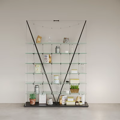 Stylish Multi Tiered Glass Shelf With Black Metal Frame Displaying Jars Boxes Small Potted Plants 3d model