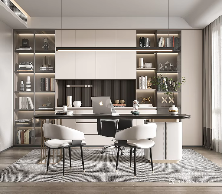 Modern Home Office Interior Design With Bookshelves Books Desk Laptop And Chairs 3d model 