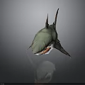 Mutant Shark 3D Model With Green Body Red Teeth And Claws On Gray Background