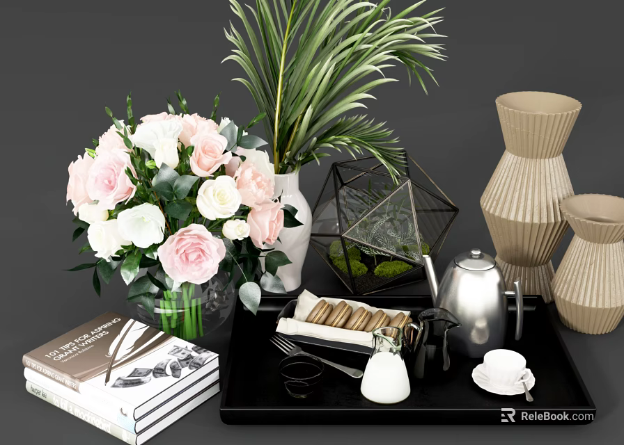 Decorative Ornament Collection With Pink White Flowers Green Plant Geometric Glass Vases Books And Tea Set 3d model 