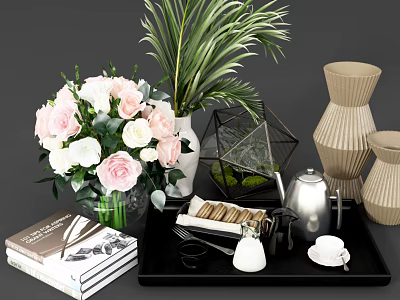 Decorative Ornament Collection With Pink White Flowers Green Plant Geometric Glass Vases Books And Tea Set 3d model