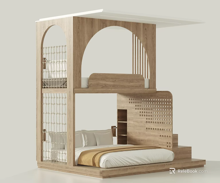 Modern Wooden Bunk Bed With Arched Design Lower Mattress Upper Guardrail And Stairs 3d model 