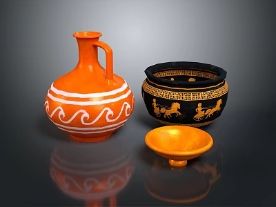 Ceramic Household Decor Items Orange Pitcher With White Wave Patterns Black Urn And Gold Bowl 3d model