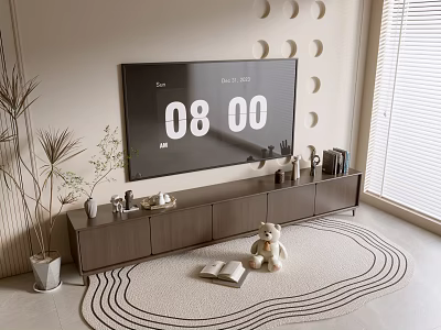 Modern TV Stand with Large TV Decorative Items Books Stuffed Teddy Bear on Patterned Rug 3d model