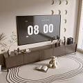 Modern TV Stand with Large TV Decorative Items Books Stuffed Teddy Bear on Patterned Rug