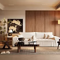 Warm Living Room Interior With White Sofa Wooden Wall Panels Coffee Table and Floor Lamp