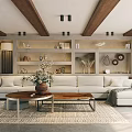 Modern Open Concept Living and Dining Room with Wooden Furniture Green Plants and Hanging Lights