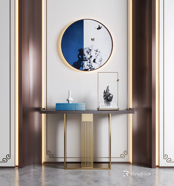 Modern Console Table Interior Design With Circular Mirror And Decorative Ornaments 3d model
