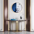 Modern Console Table Interior Design With Circular Mirror And Decorative Ornaments 3d model
