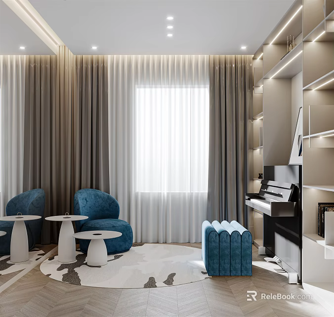 Piano Room Interior Design Featuring Blue Armchairs White Small Tables Curtains Bookshelves And Rug 3d model 