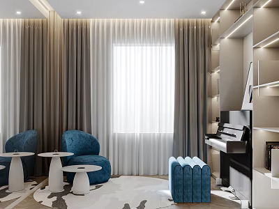 Piano Room Interior Design Featuring Blue Armchairs White Small Tables Curtains Bookshelves And Rug 3d model