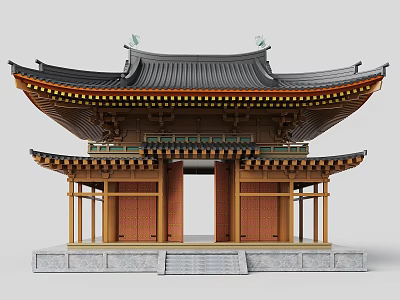 Ancient Chinese Architecture Featuring Double Tiered Roof Overhanging Eaves Black Tiles And Red Doors 3d model