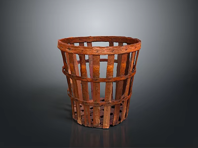 Brown Woven Basket With Cylindrical Design And Striped Structure For Household Storage Use 3d model
