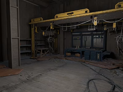Industrial Workshop Interior With Yellow Overhead Cranes Metal Shelves And Tools 3d model