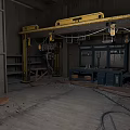 Industrial Workshop Interior With Yellow Overhead Cranes Metal Shelves And Tools