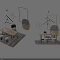 Modern Desk Interior Setup With Chair Table Lamp Stools And Wall Decor On Rug