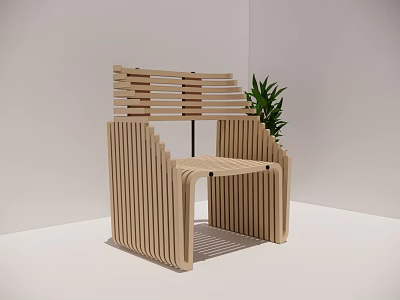 Modern Wooden Chair With Slat Structure And Green Plant In Minimalist Space 3d model