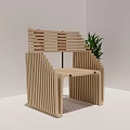 Modern Wooden Chair With Slat Structure And Green Plant In Minimalist Space