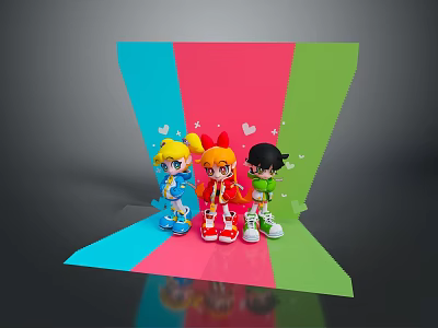 Three Animated Game And Movie Characters Standing On Colorful Panel Background With Heart Decorations 3d model