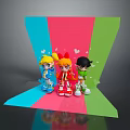 Three Animated Game And Movie Characters Standing On Colorful Panel Background With Heart Decorations