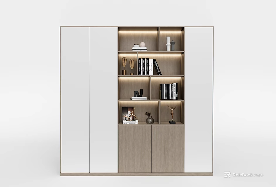 Modern Wooden Bookcase With Glass Doors Interior Shelves Books Decorations And Lighting 3d model 